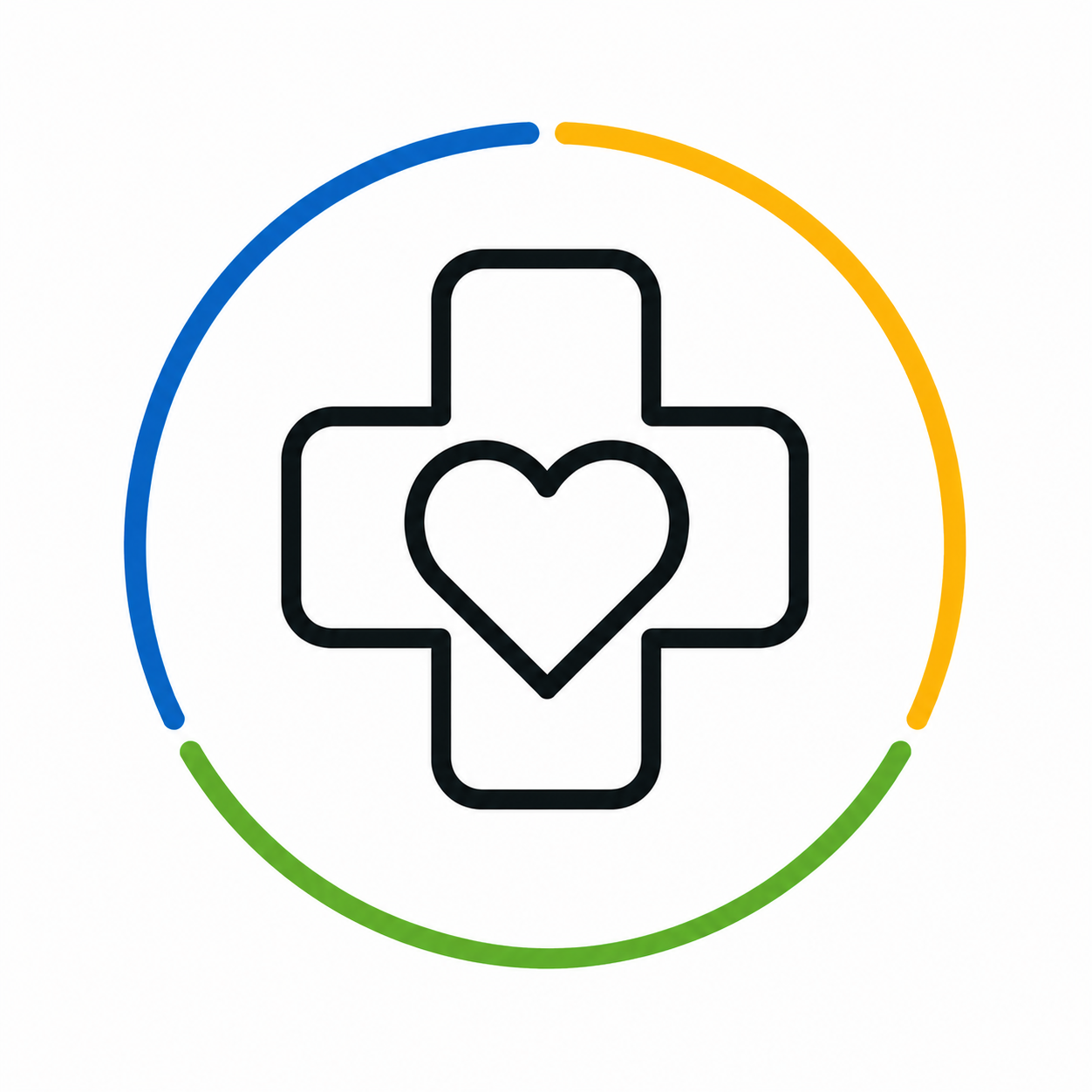 Icon for Healthcare Guidance Assistants: a first aid cross with a heart in the center, surrounded by blue, yellow, and green curved lines representing careful healthcare guidance.