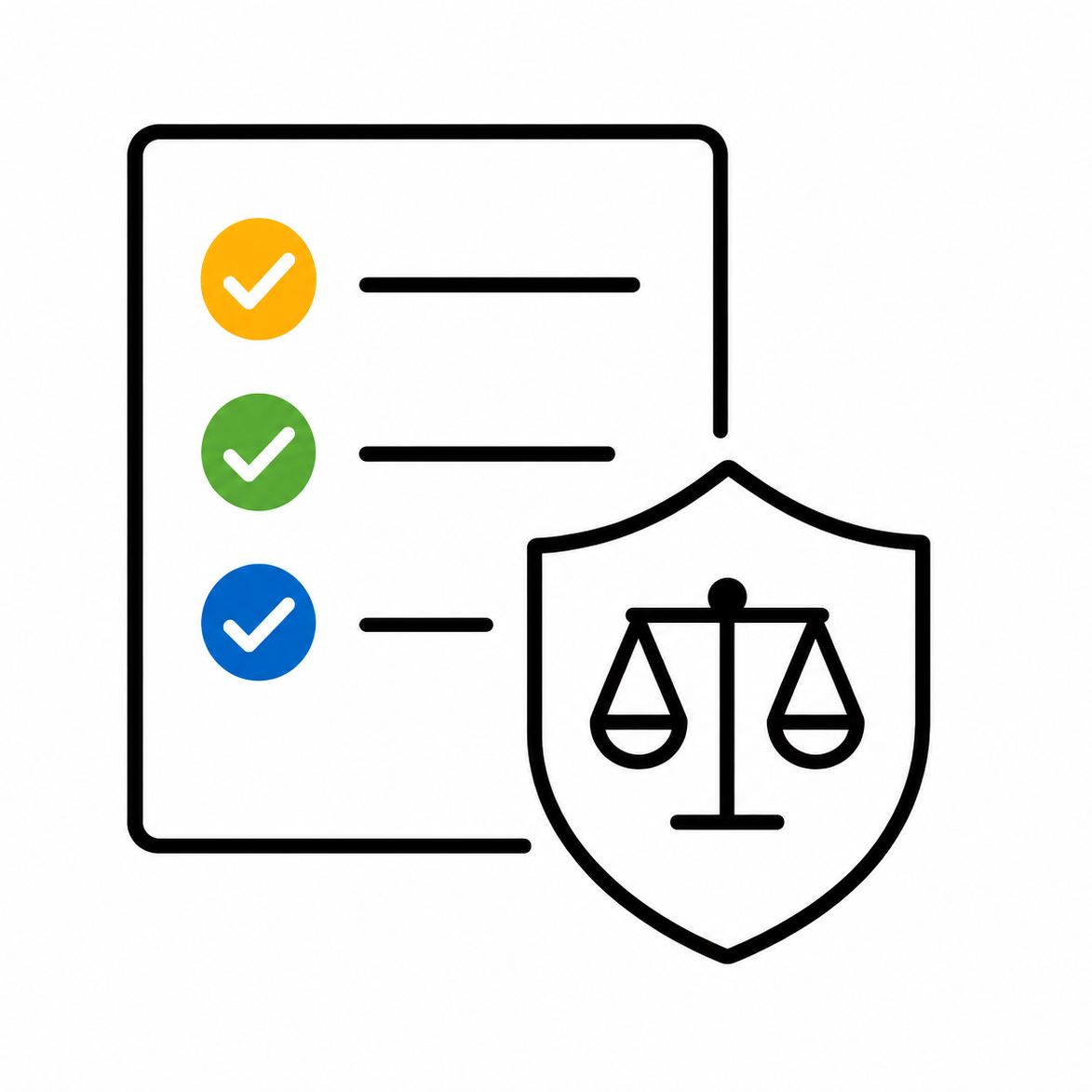 Icon for Legal Guidance and Document Assistants: a checklist with colored checkmarks beside a shield containing scales of justice, representing legal document review and scope control.