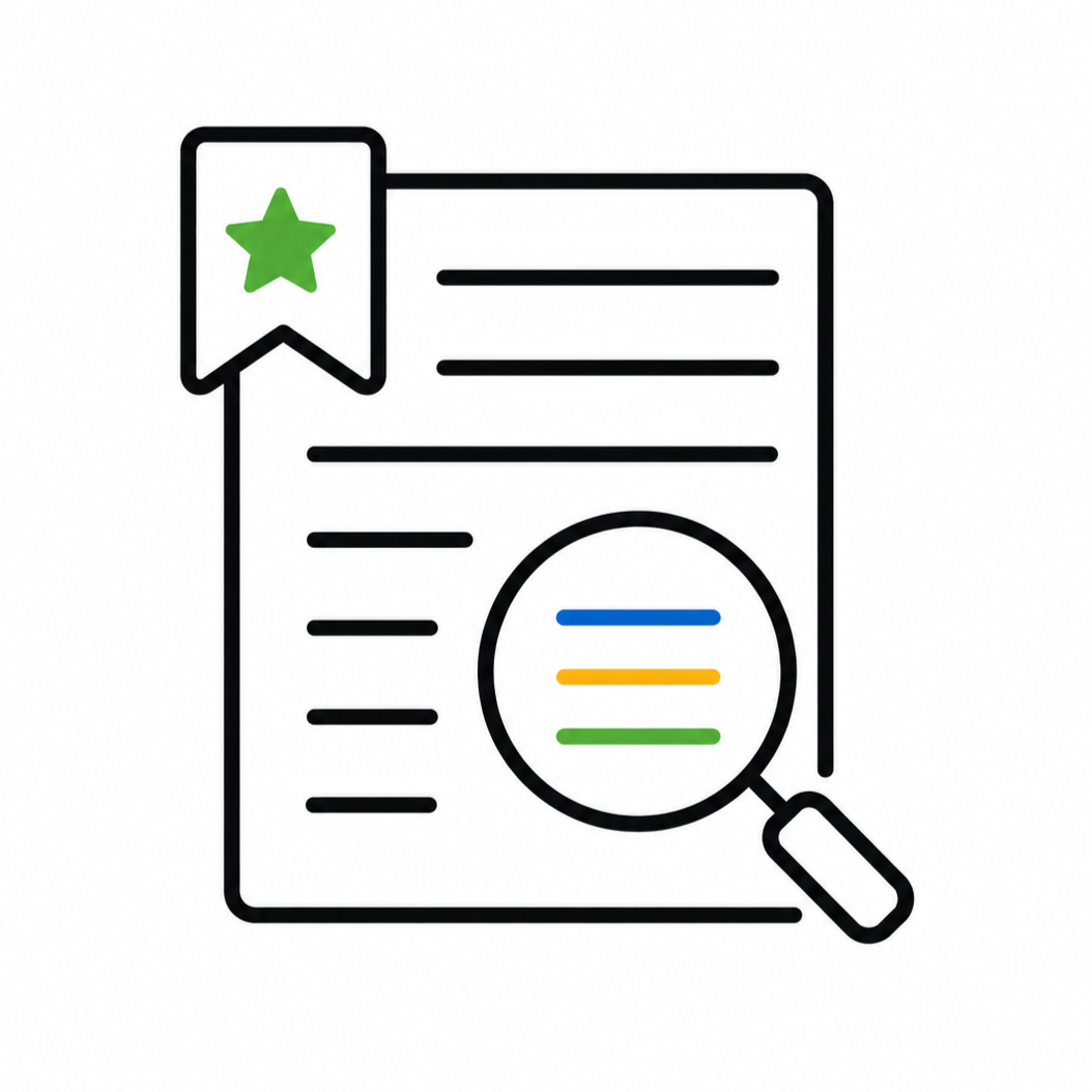 Icon for AI research, summary, and recommendation assistants, showing a document with highlighted lines and a magnifying glass.