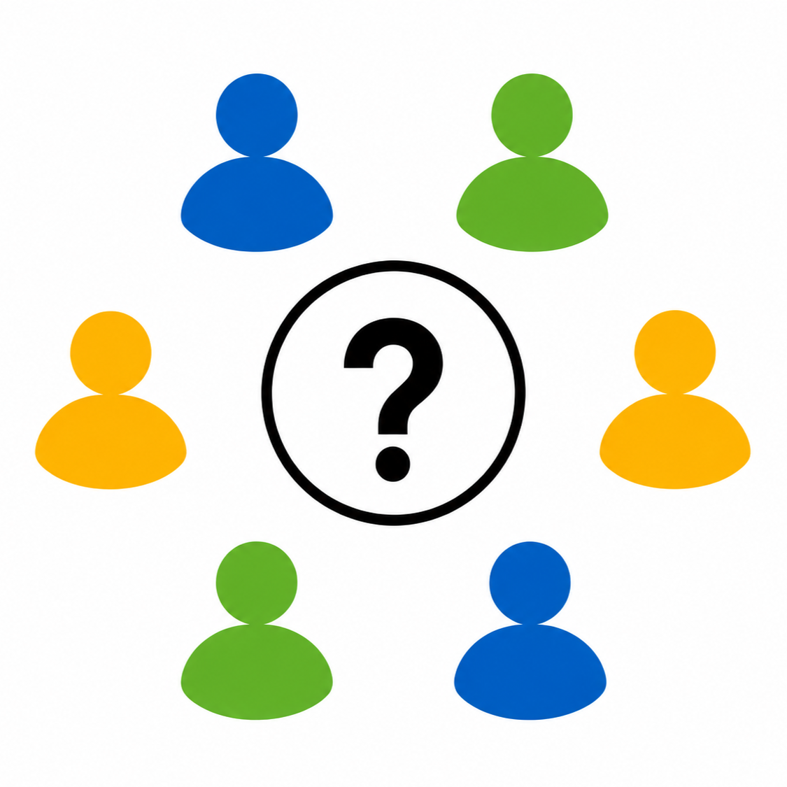 Icon for HR, People Ops, and Employee Policy Assistants: six employee icons arranged around a central question mark, representing workplace policy navigation and role-aware guidance.