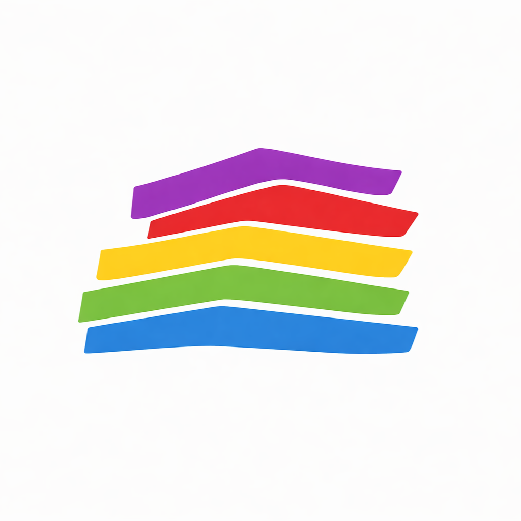 Colorful layered bands in purple, red, yellow, green, and blue arranged in clean alignment, representing accumulating structure in AI systems and interface design.