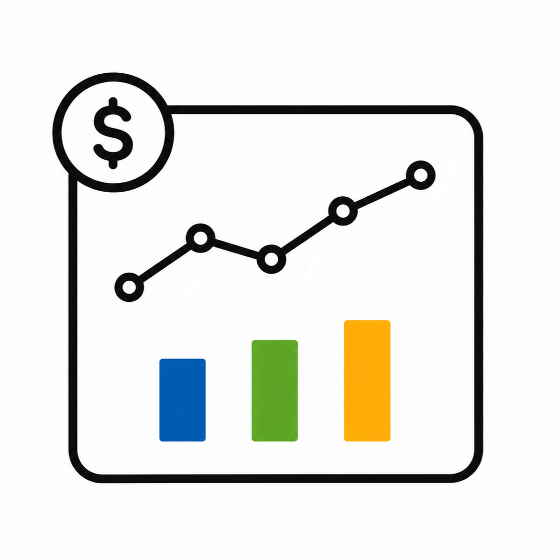 Icon for AI financial guidance, showing a chart with bars, trend line, and dollar symbol.