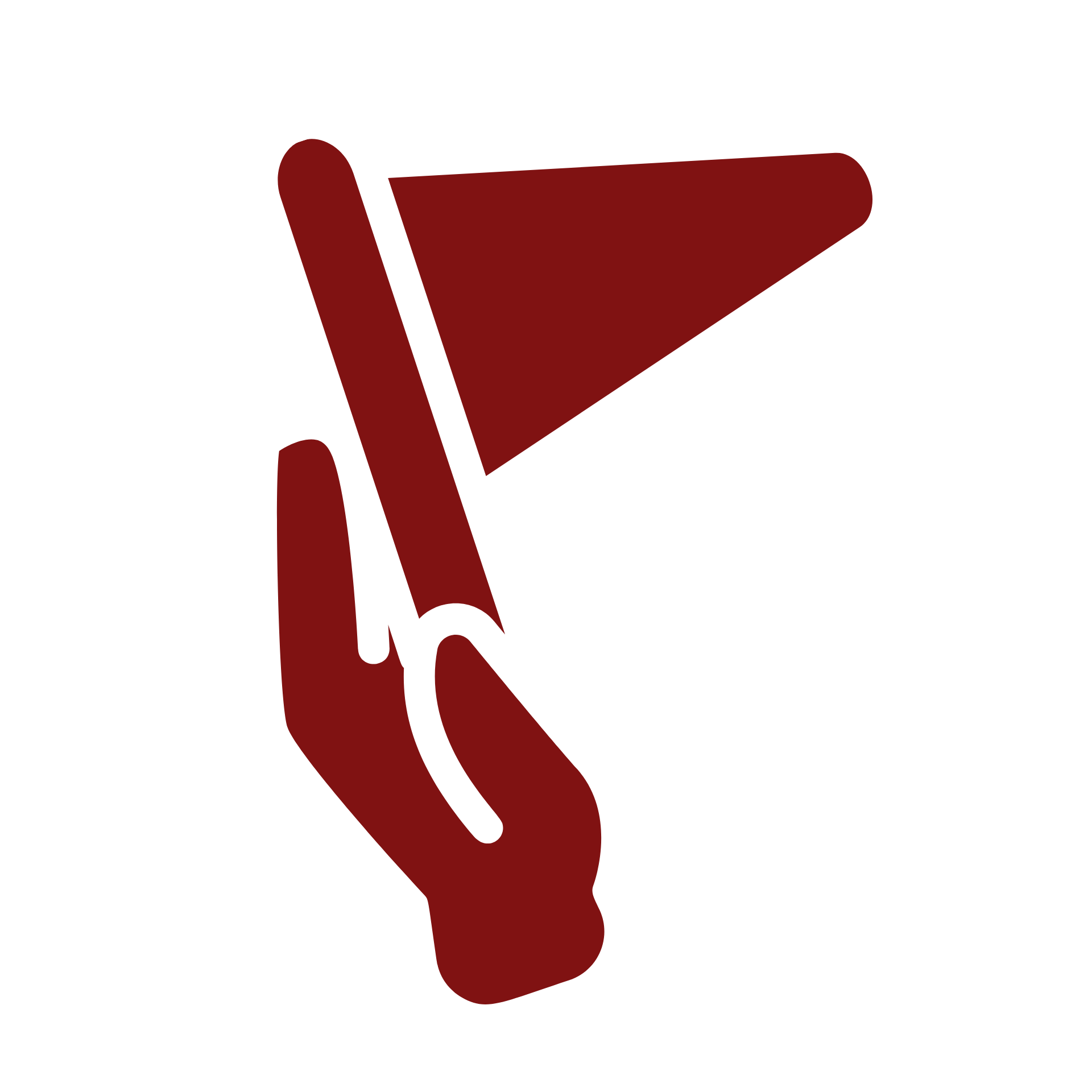 A dark red stylized hand symbol holding a triangular flag.