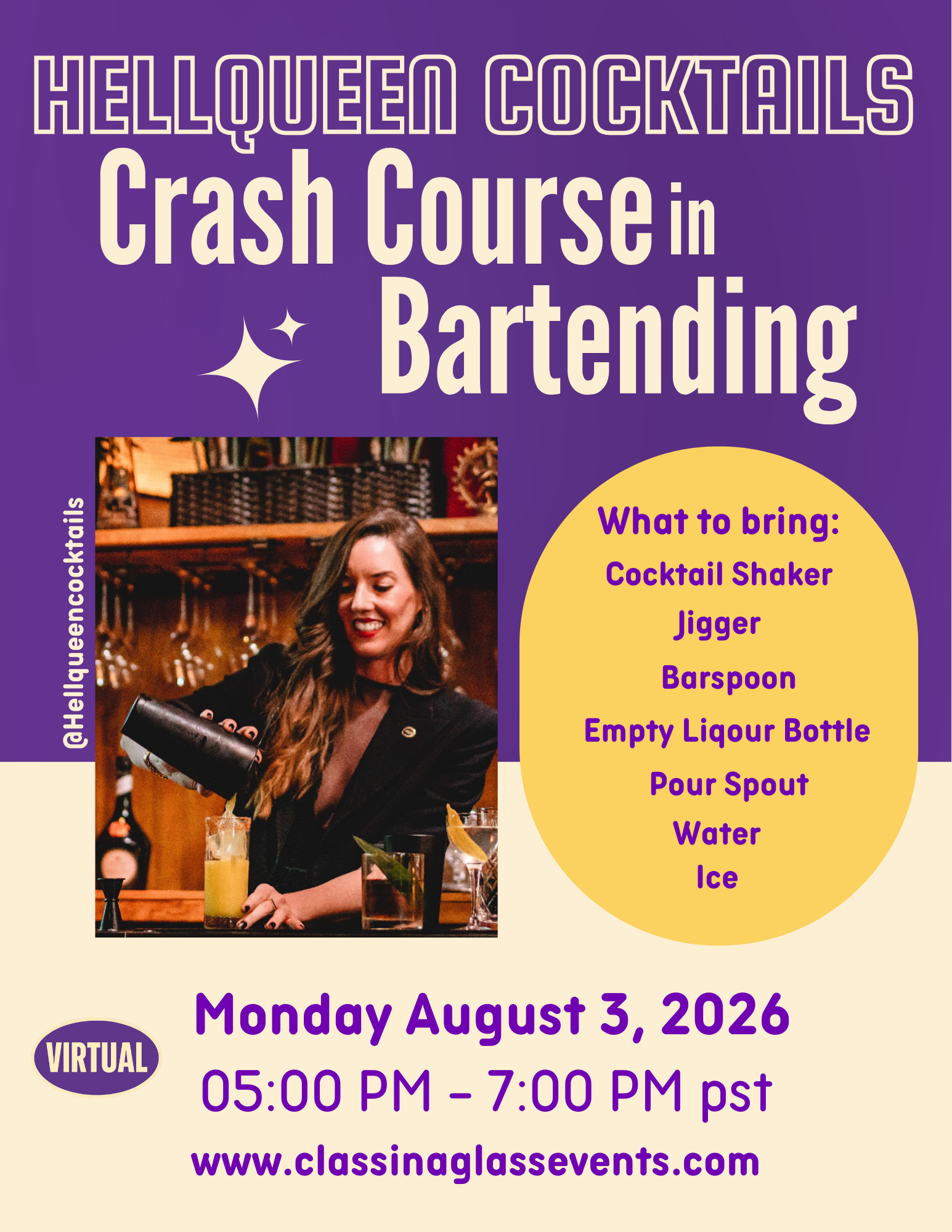 Crash Course in Bartending Monday Aug. 3, 2026