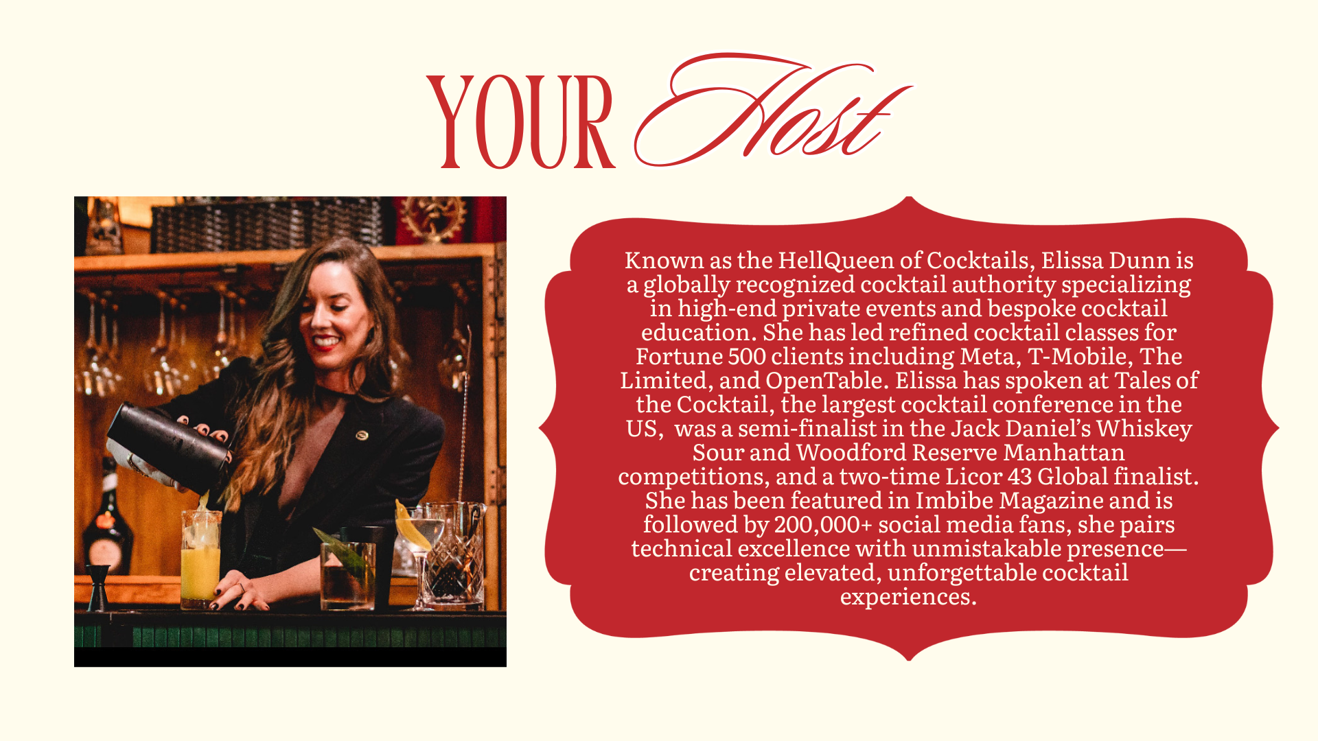 A woman with long brown hair wearing a black blazer behind a bar, pouring a cocktail, with a red and beige background that includes wooden shelves and hanging glasses.