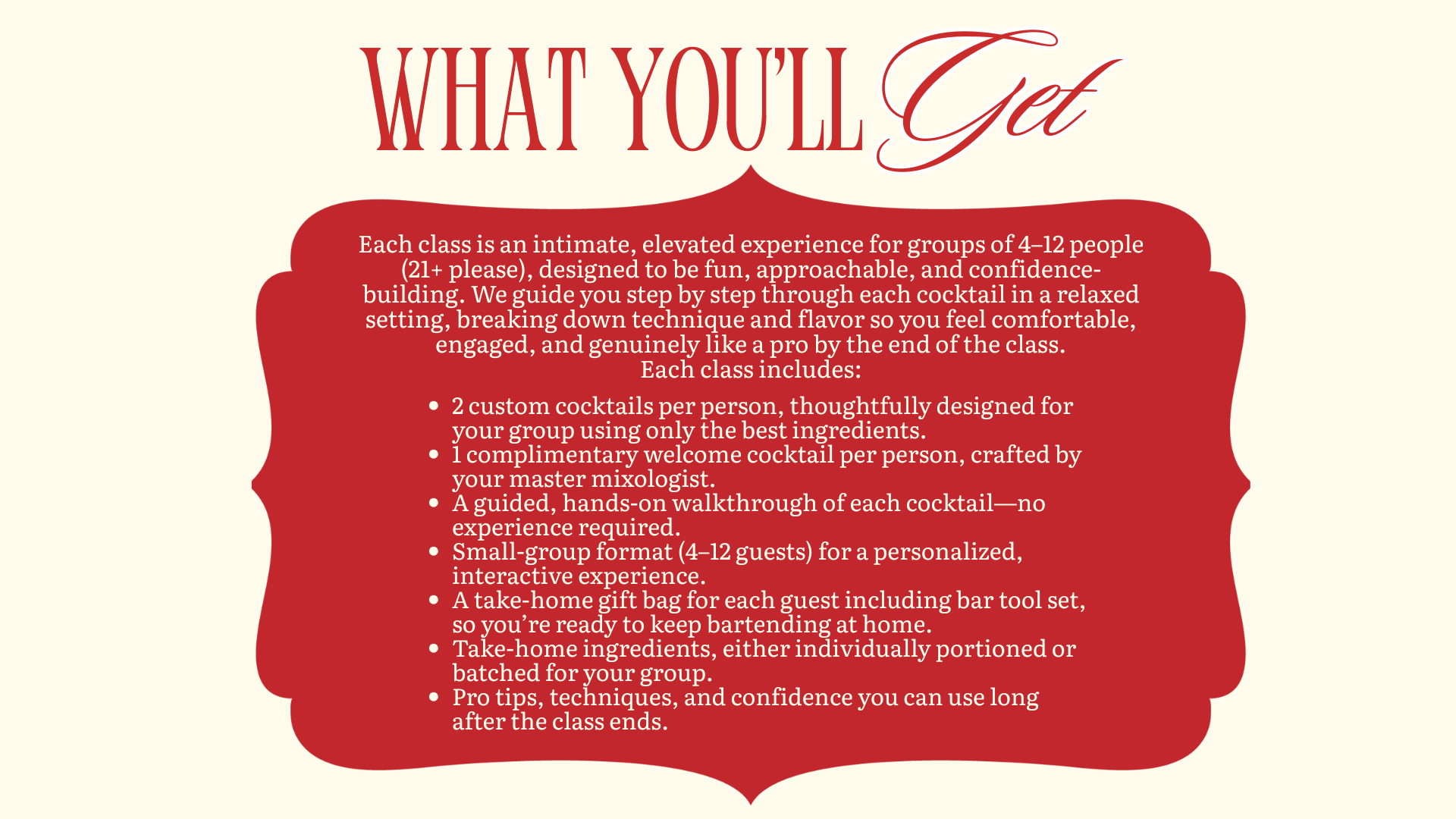 Event flyer titled 'What You'll Get', describing a cocktail-making class with details about the experience, included cocktails, take-home gifts, and professional tips, all in red and cream colors.