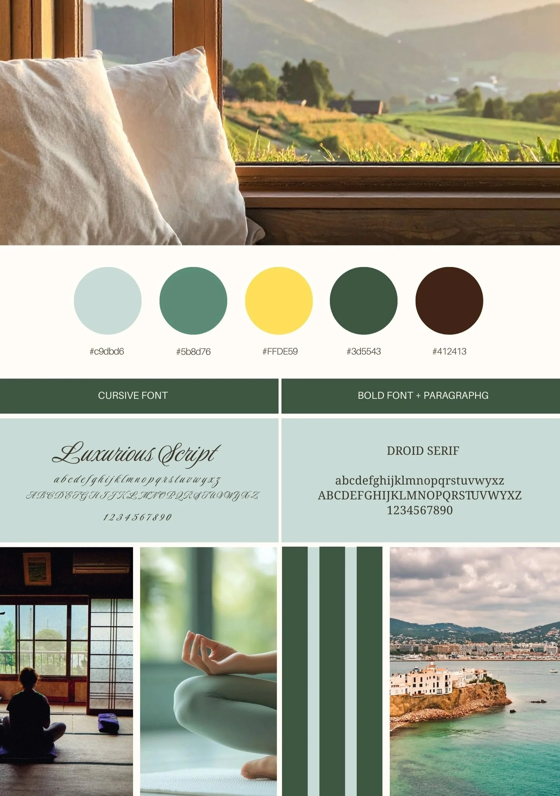 A cozy interior with two white pillows on a windowsill, overlooking a lush green countryside landscape with rolling hills and scattered buildings at sunset.