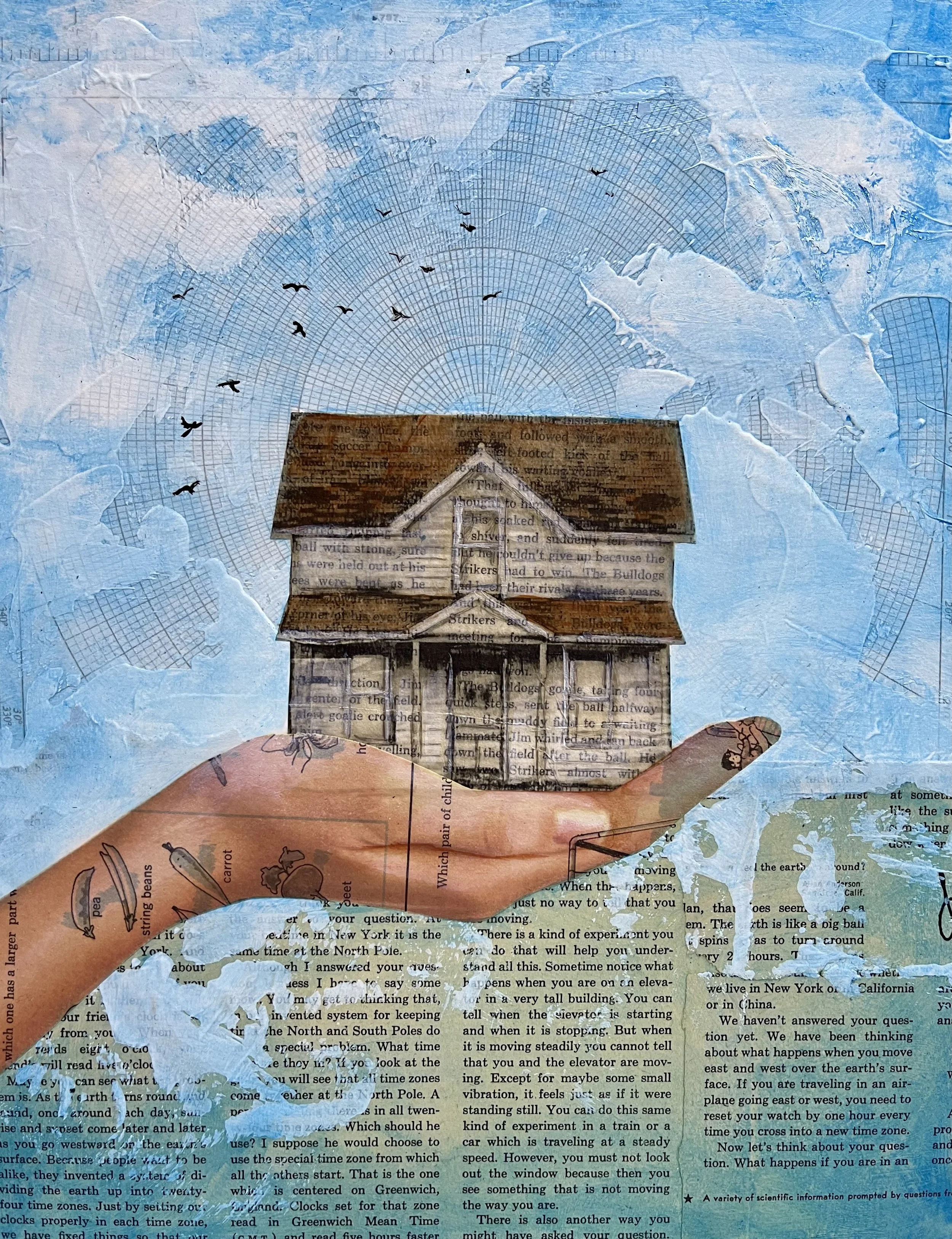 Illustration of a hand supporting a house, set against a cloudy sky background with abstract patterns and text overlays.