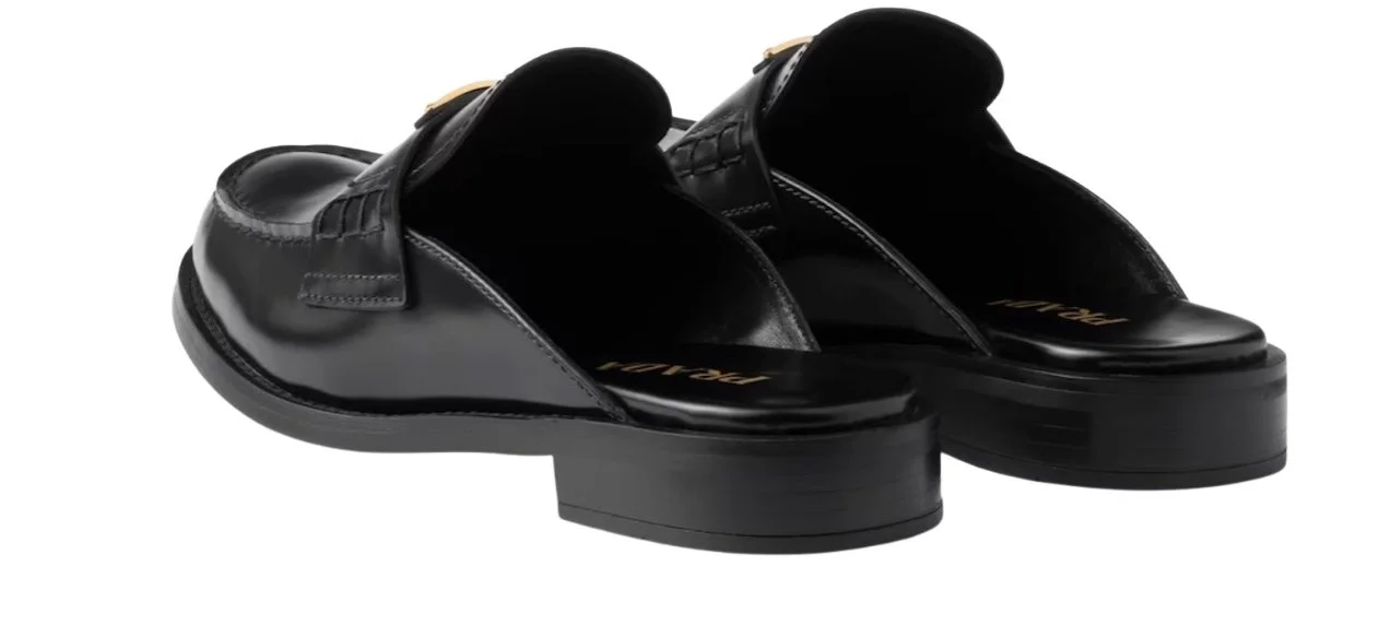 Prada black patent leather loafers with gold triangle logo, brand new designer shoes