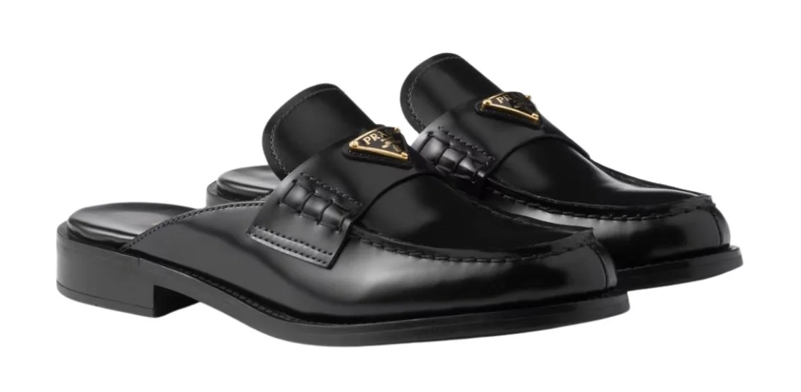 Prada black patent leather loafers with gold triangle logo, brand new designer shoes