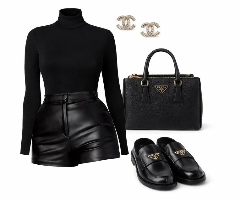 Luxury outfit flat lay featuring black Prada handbag, Prada loafers and Chanel earrings