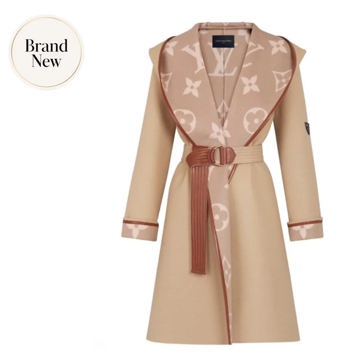 Beige designer coat with monogrammed lining and belted waist, photographed against a clean neutral background.