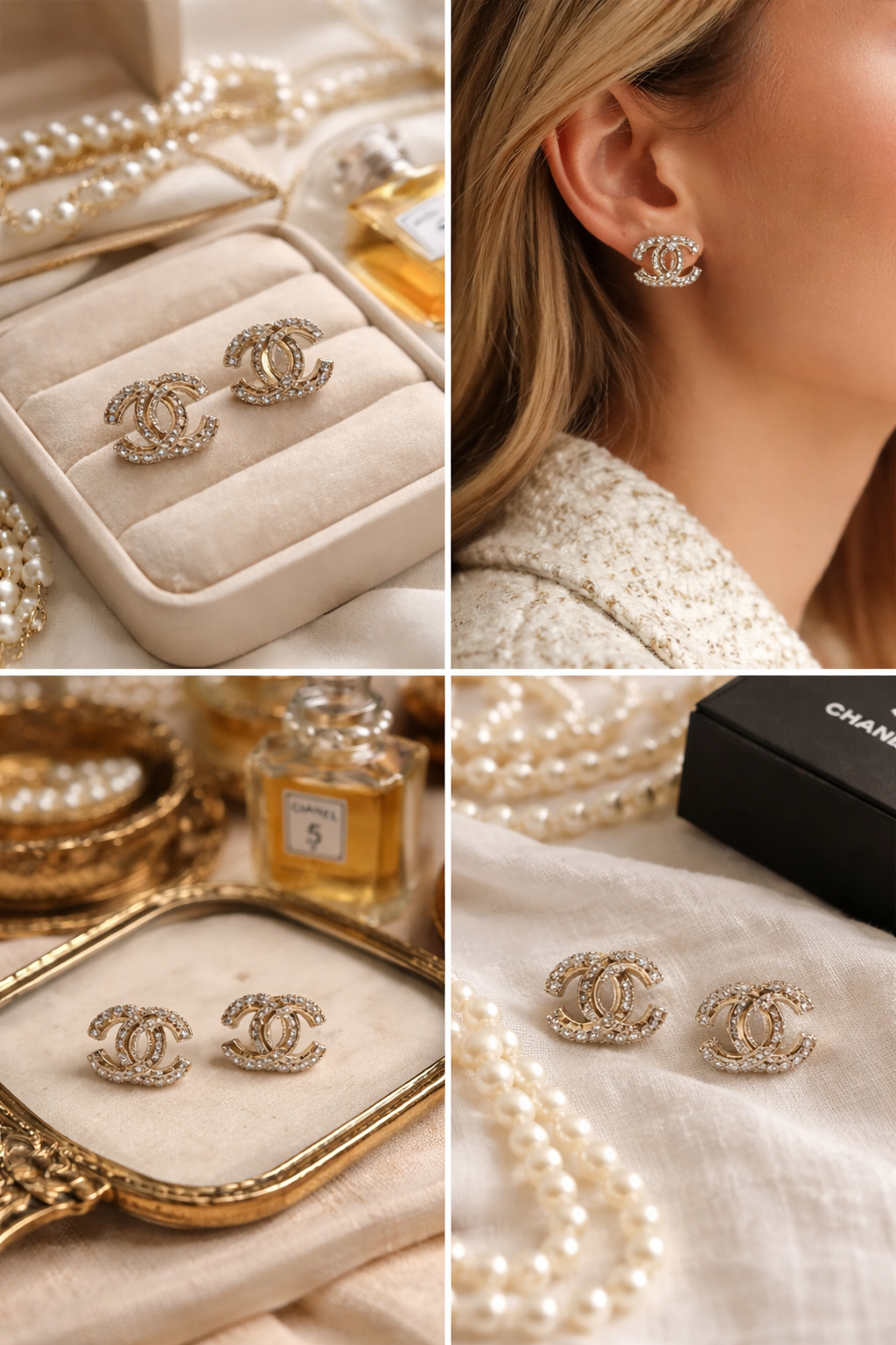Chanel logo earrings with pearl and rhinestone details, gold perfume bottles, pearls, and jewelry packaging, all arranged on a soft fabric surface.