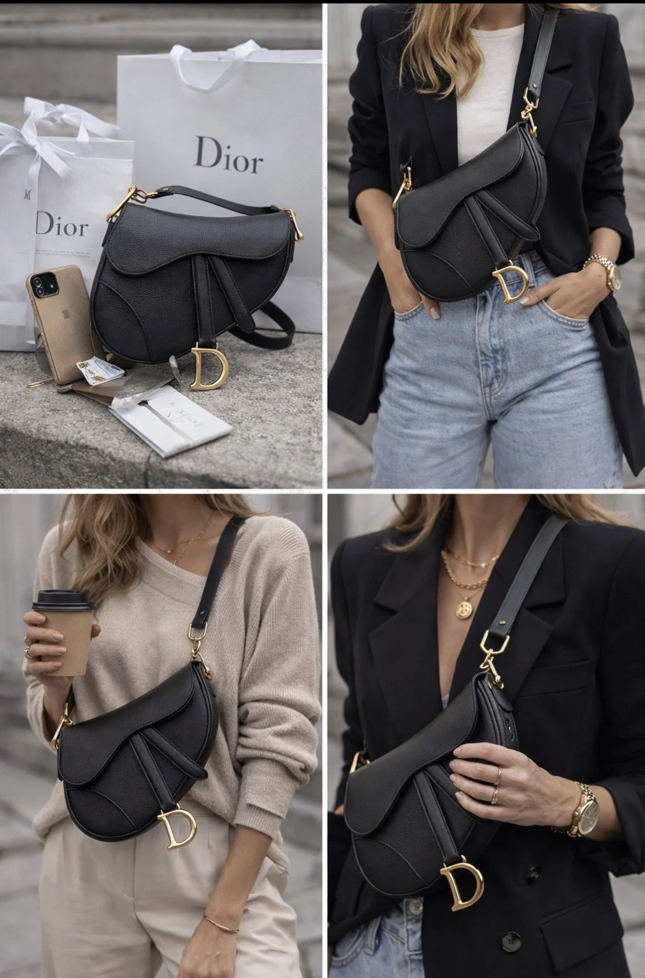 Four images featuring a black designer shoulder bag with a gold letter 'D' charm, shown on a table and worn by women in stylish outfits. The bag is accompanied by Dior shopping bags, a phone, and a coffee cup.