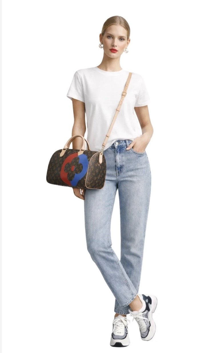 Styled by Muse Edit in a Casual outfit featuring a white T-shirt, light blue jeans, beige loafers, designer jewelry, and a patterned designer handbag.