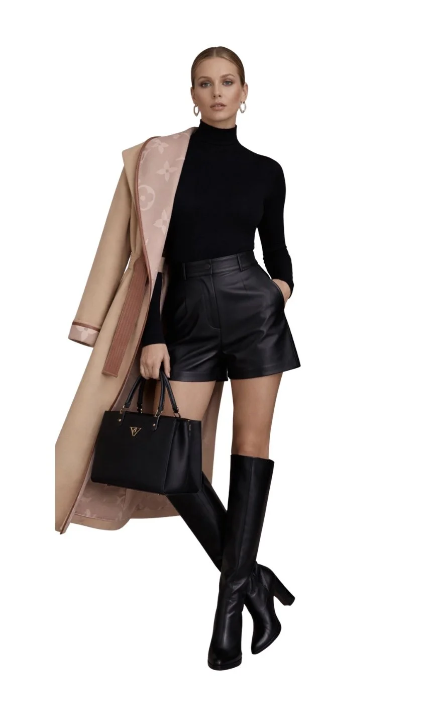Designer resell outfit ideas from our new collection. Women's elegant fashion ensemble with a beige coat featuring a pink Louis Vuitton logo lining, a black turtleneck top, black leather shorts, tall black Louis Vuitton boots.