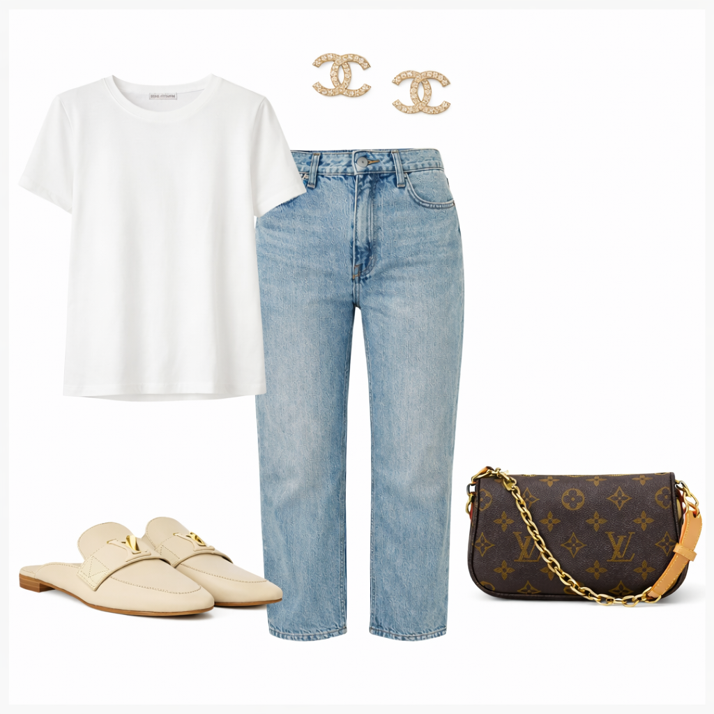 Styled by Muse Edit in a Casual outfit featuring a white T-shirt, light blue jeans, beige loafers, designer jewelry, and a patterned designer handbag.