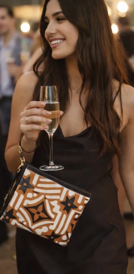 A young woman in a black dress holding a glass of champagne at a social event, with a patterned clutch bag hanging from her wrist, and smiling.