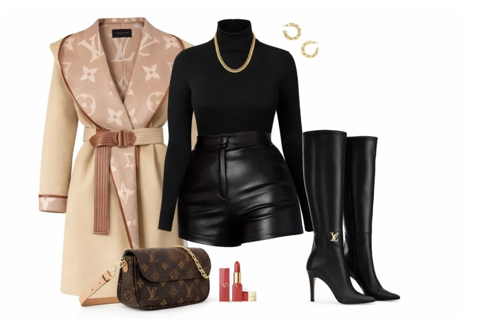 Designer resell outfit ideas from our new collection. Women's elegant fashion ensemble with a beige coat featuring a pink Louis Vuitton logo lining, a black turtleneck top, black leather shorts, tall black Louis Vuitton boots.