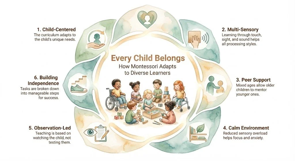 Infographic titled "Every Child Belongs: How Montessori Adapts to Diverse Learners", featuring children with diverse needs engaging in activities, surrounded by six benefits including child-centered curriculum, multi-sensory learning, peer support, calm environment, observation-led teaching, and building independence.