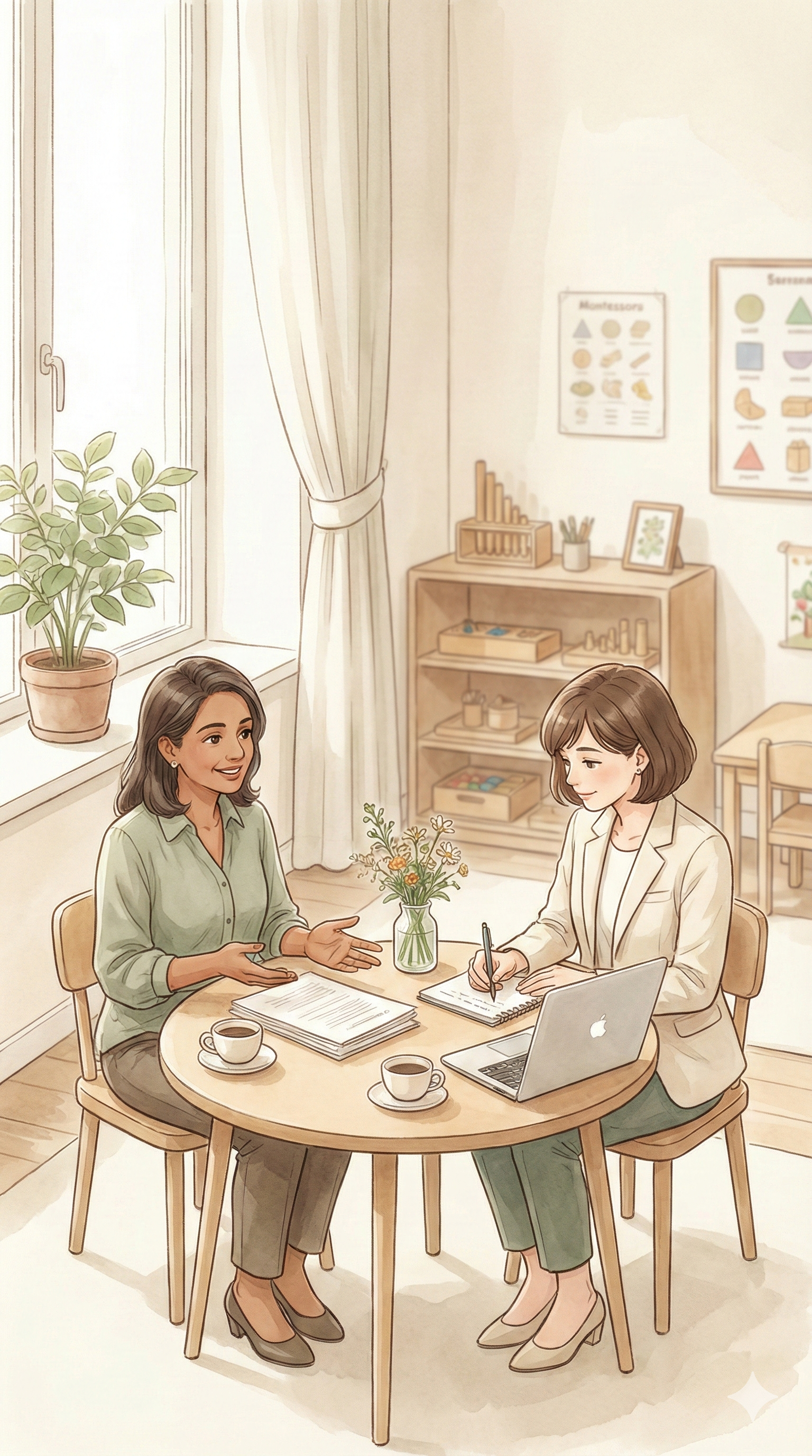 Two women having a conversation at a round table in a bright, cozy room. One woman is speaking, gesturing with her hands, and the other woman is writing on a notepad. There are two cups of coffee, a laptop, and a vase of flowers on the table. The room has a large window with curtains, plants, and educational posters on the wall.