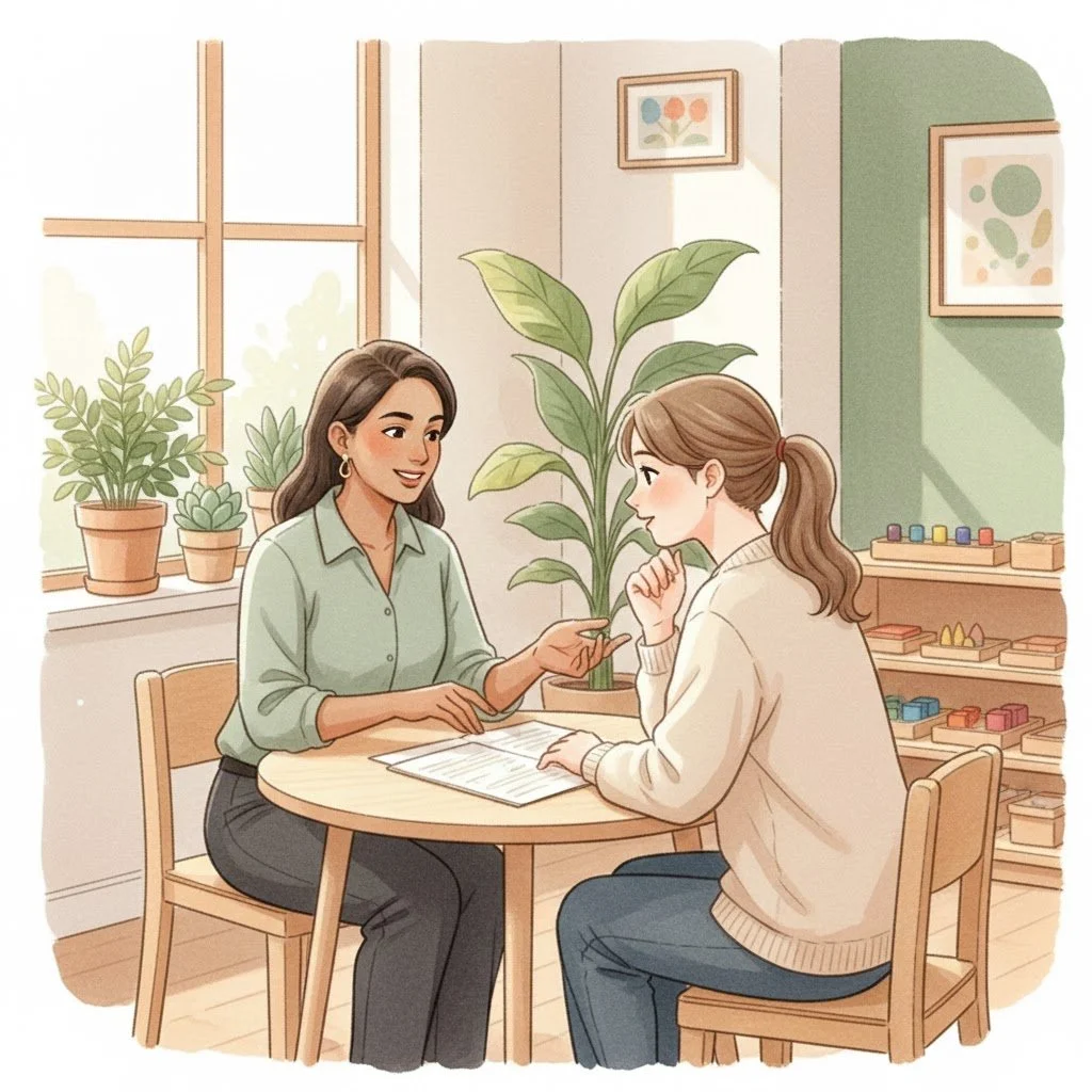 Montessori consultant guiding a child through hands-on learning activity