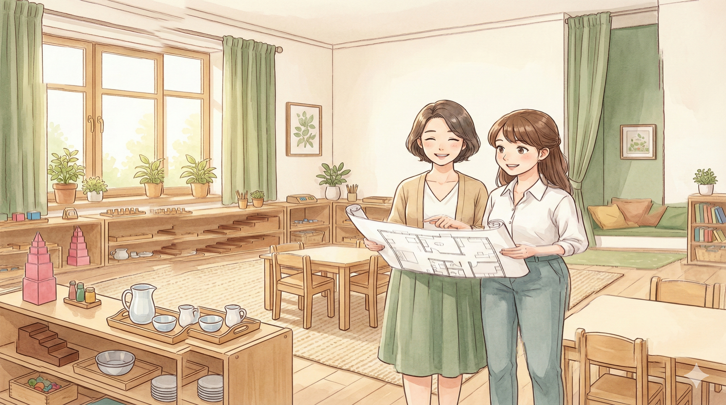 Two women standing in a cozy room with wooden furniture, plants, and large windows, looking at a blueprint and smiling.