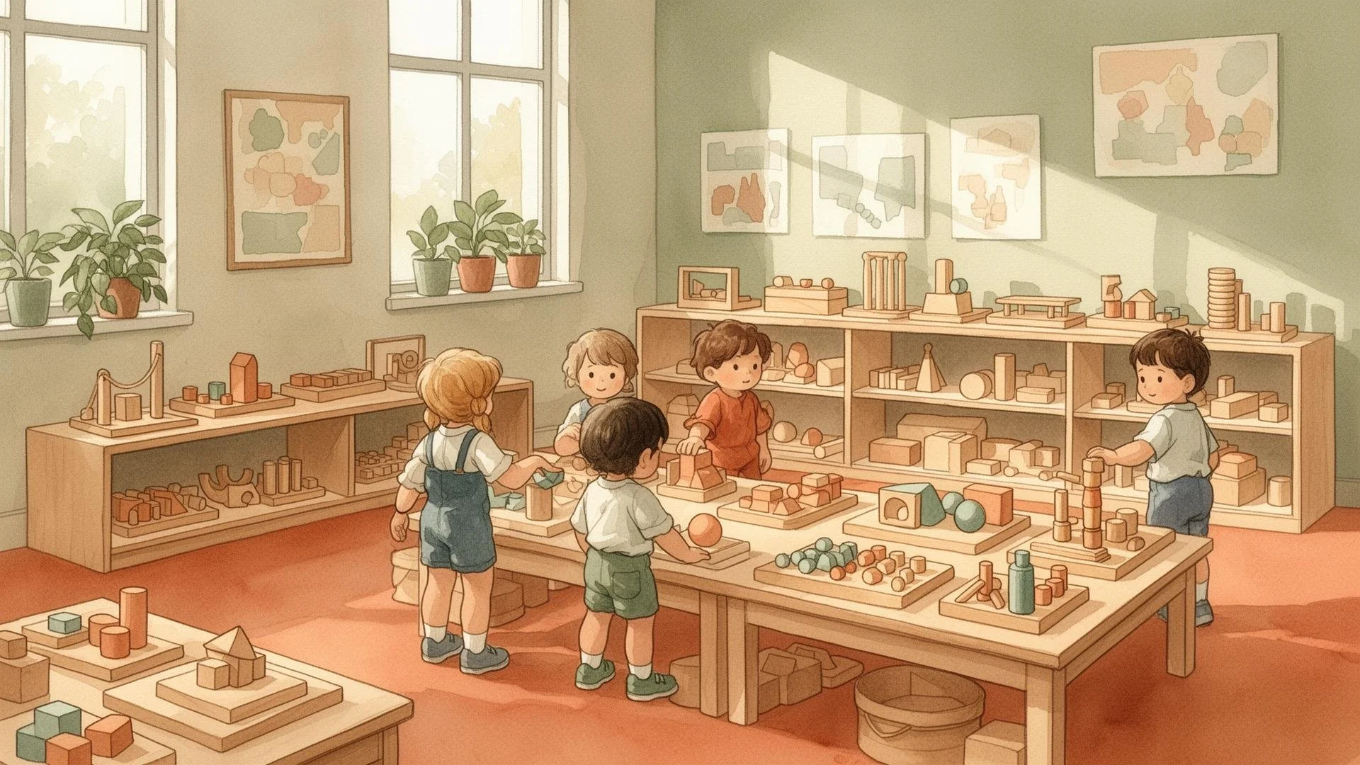 Children playing with wooden toys in a classroom with shelves, large windows, and potted plants.