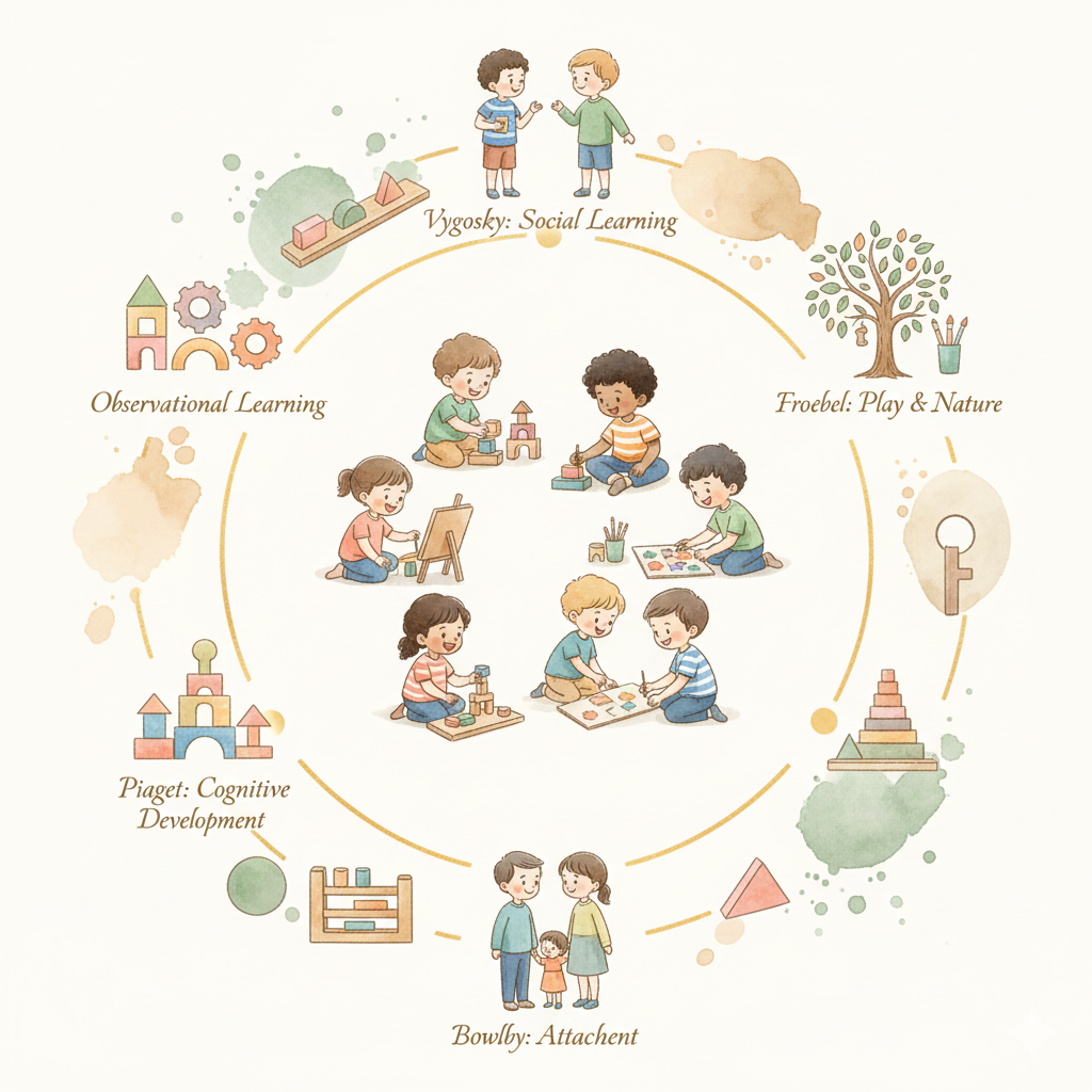 Illustration showing children engaging in various activities related to early childhood development, including social learning, play and nature, cognitive development, and attachment, with labels for each stage.