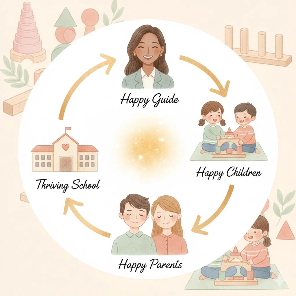 A circular infographic illustrating a happy cycle of school and family life. It shows a happy guide at the top, followed clockwise by happy children playing, happy parents, thriving school, and back to the happy guide.