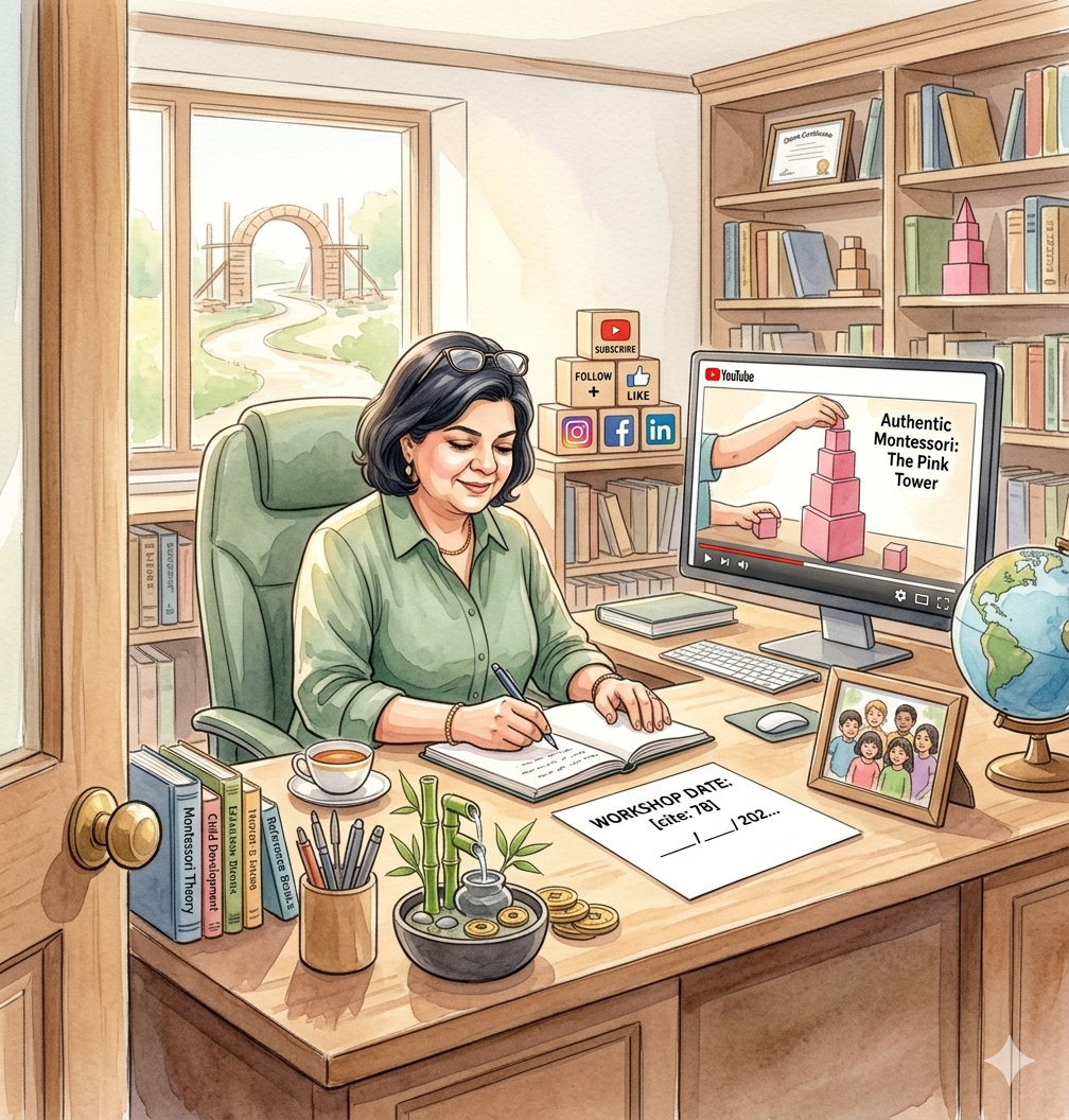 A woman sitting at a wooden desk in a cozy home office, writing in a notebook while wearing glasses on top of her head. The desk has a coffee cup, a plant, pens, and coins. Behind her is a bookshelf with books, certificates, and social media icons. A computer monitor displays a video titled "Authentic Montessori: The Pink Tower," showing a hand stacking pink blocks. A framed photo of a group of children, a globe, and a workshop sign are also on the desk. Large window reveals a sunny outdoor scene with a winding path and an archway in the background.