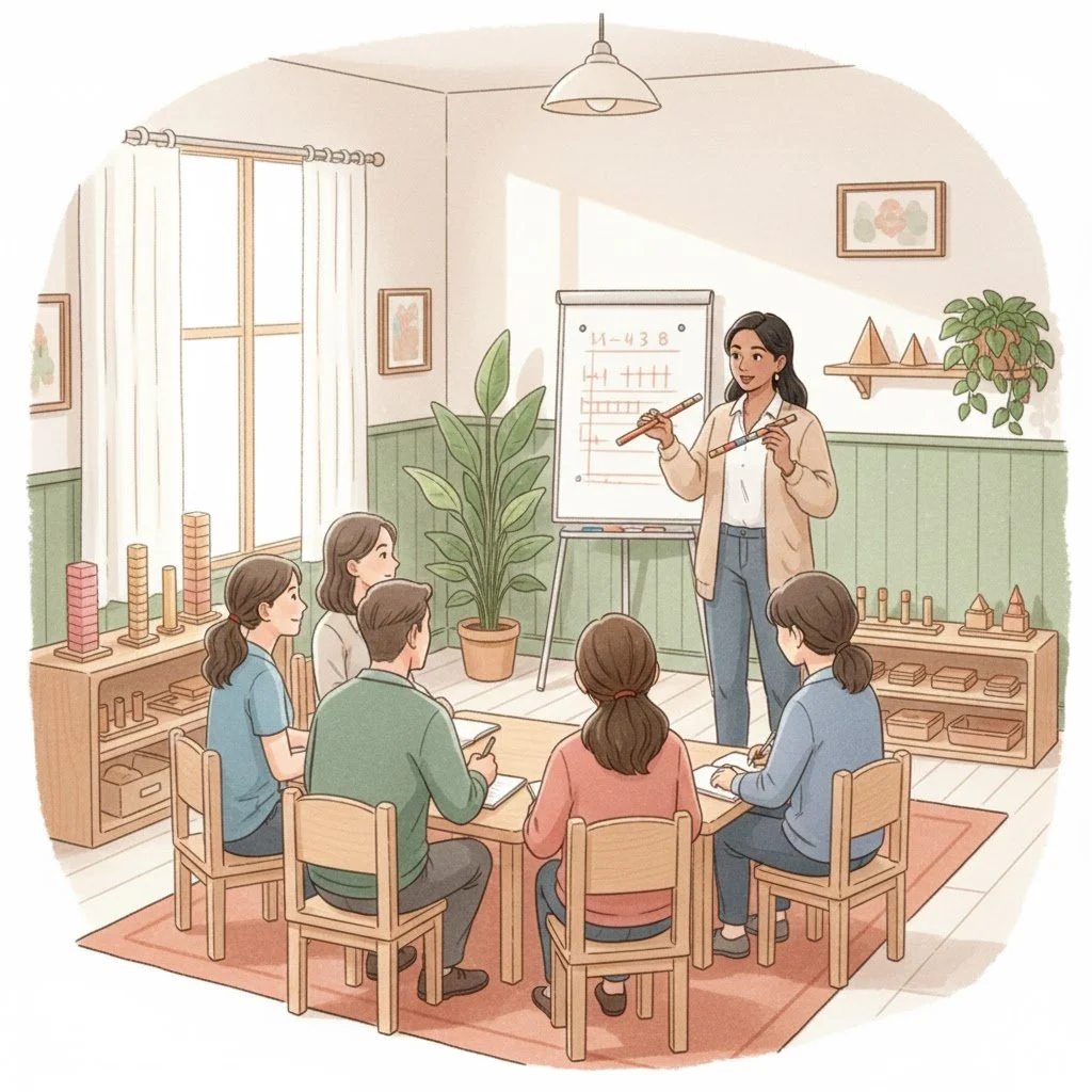 A teacher gives a lesson to a small class in a bright, cozy classroom with green walls, a large window, and educational decorations. The teacher is holding a stick and speaking, while students sit around a wooden table with notebooks, paying attention.