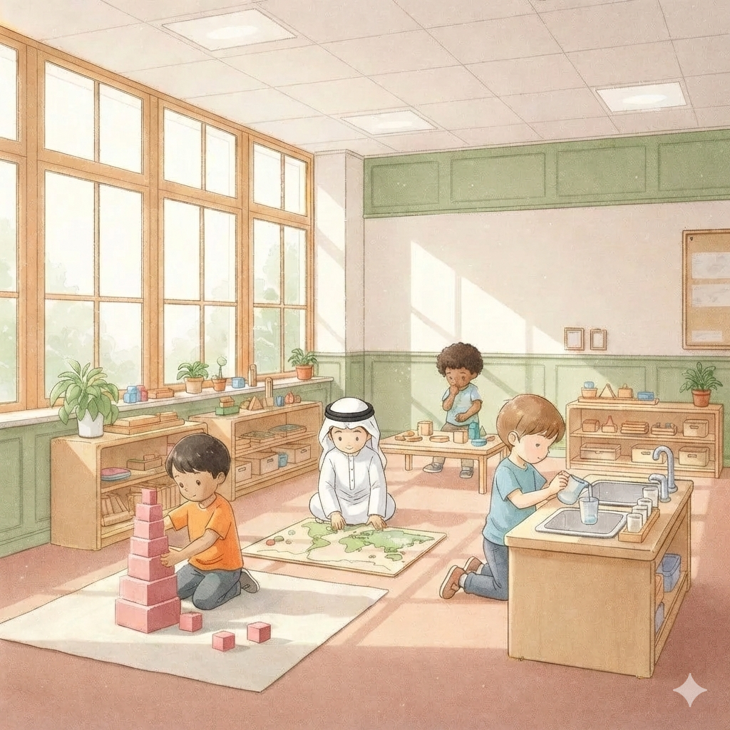 Four children playing and exploring inside a bright classroom with large windows, plants, and shelves filled with educational materials, engaging in activities like building a tower with blocks and playing with toys.