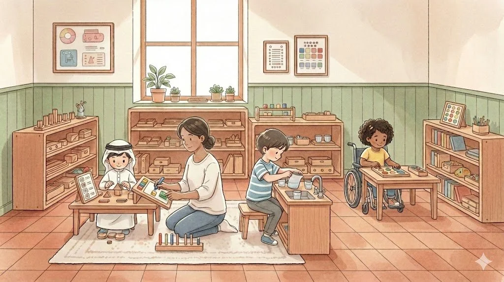 Children and a teacher playing with educational toys in a classroom that has bookshelves, framed educational posters, and a window with potted plants.