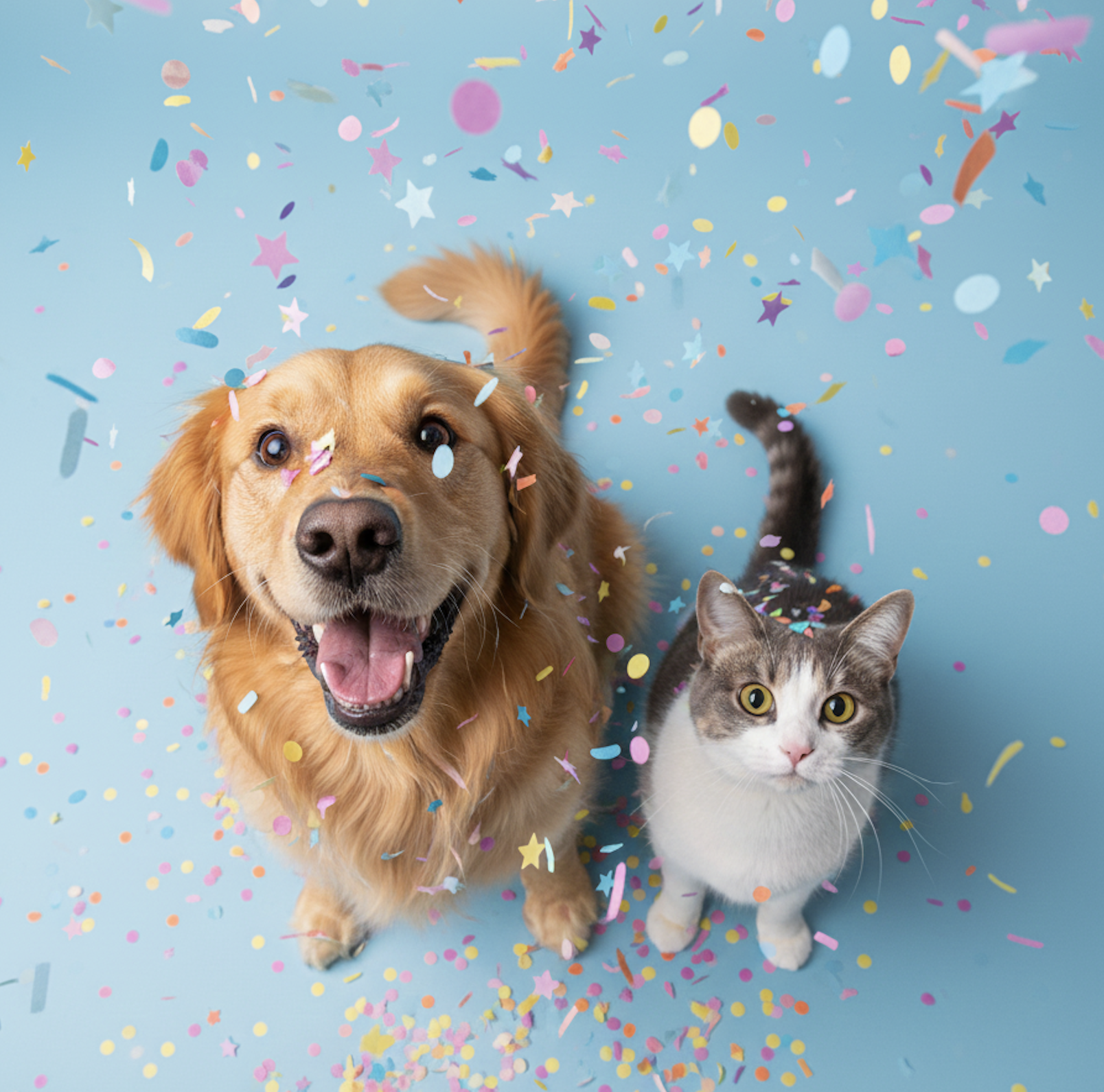A happy dog and a curious cat surrounded by colorful confetti on a blue background.