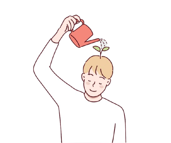A cartoon man who is smiling as he waters a small plant growing out of the top of his head.