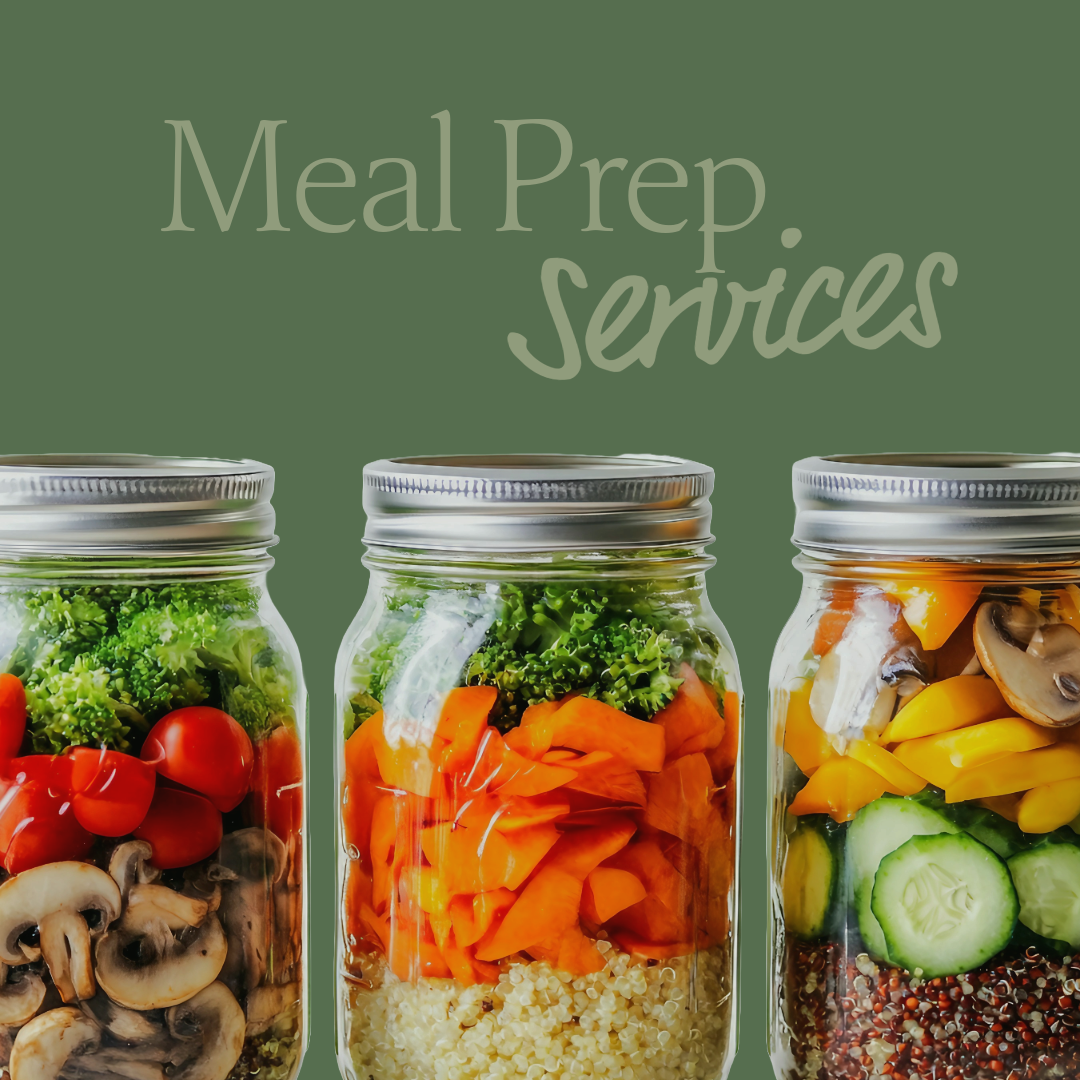 Three glass jars filled with colorful, layered vegetables including mushrooms, cherry tomatoes, broccoli, carrots, quinoa, cucumbers, and bell peppers, with the words 'Meal Prep Services' above.