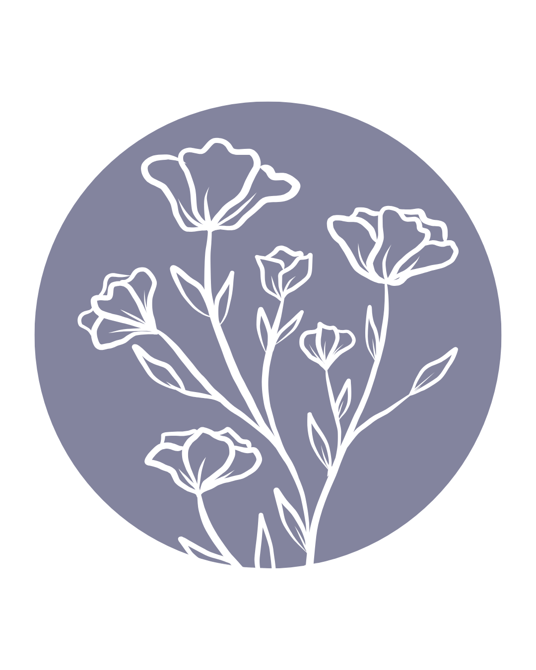 White outline drawing of flowers on a stem inside a gray circle with a black background.