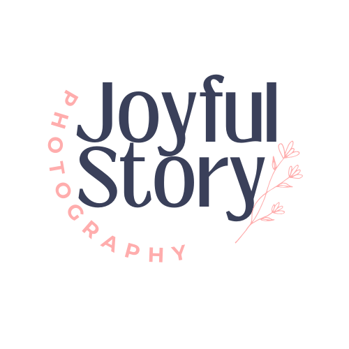 Logo for Joyful Story Photography with text and a pink floral graphic inside a circular design.