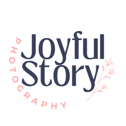 Logo with the words 'Joyful Story Photography' in large font and a pink floral graphic.