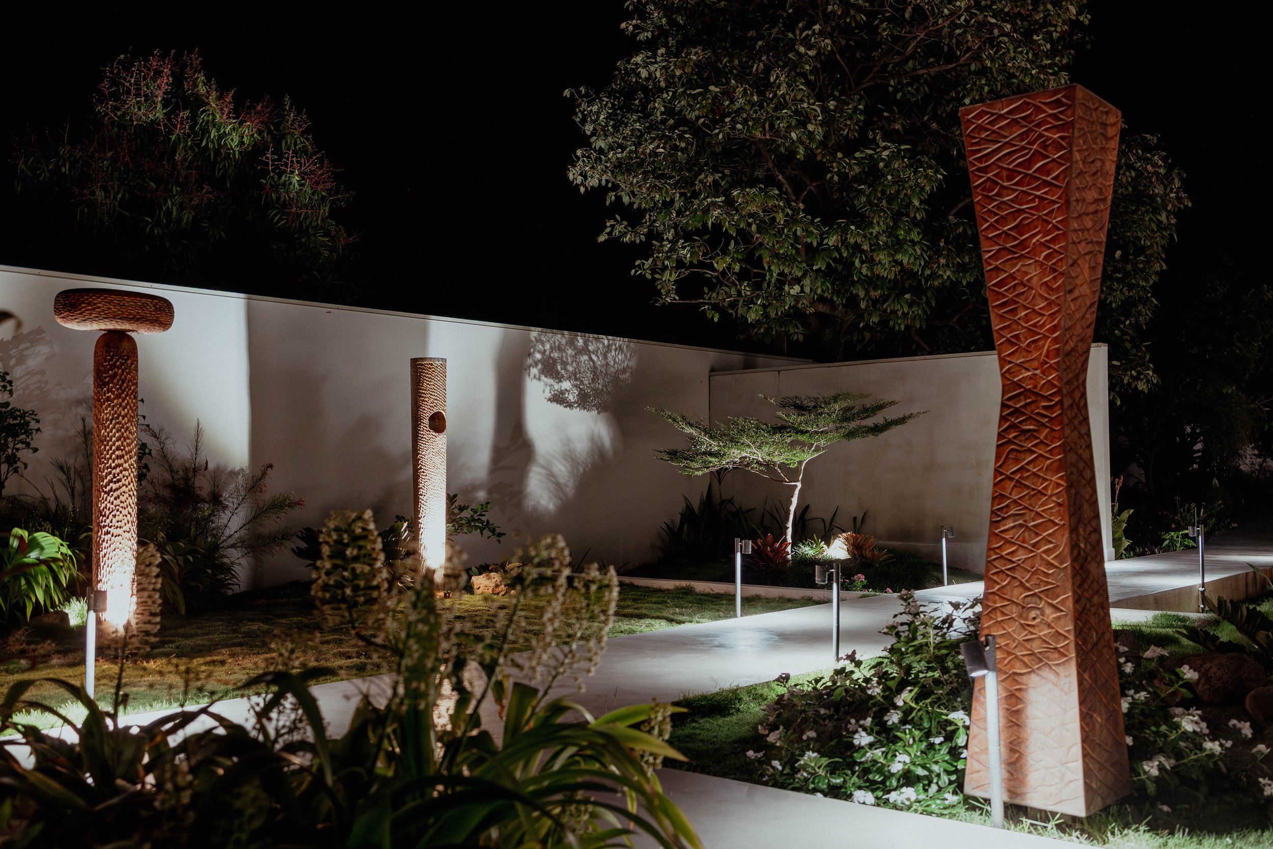 Jardin moderne éclairé la nuit avec sculptures en font de l'Arizona, rocailles, plantes et chemin lumineux