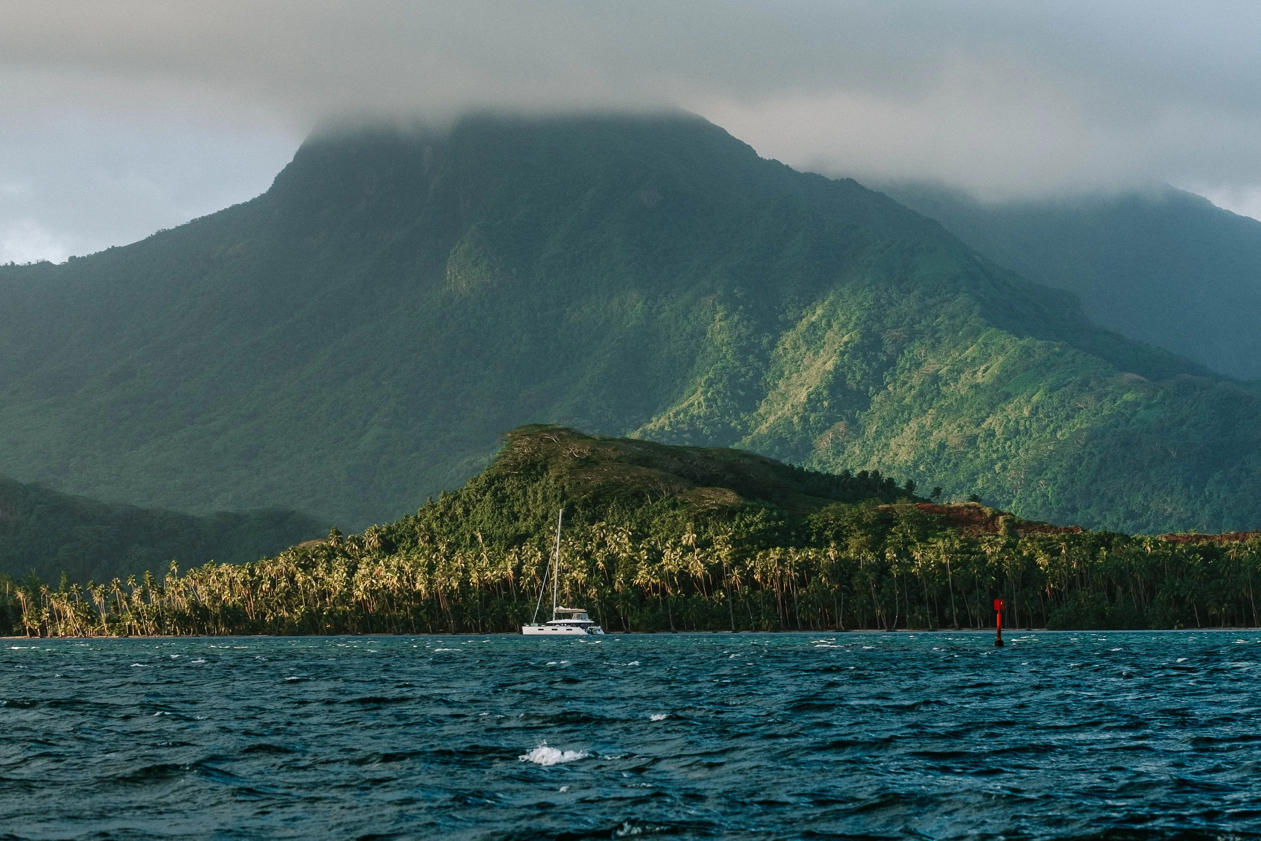 Vue d'une montagne verdoyante avec couverture nuageuse, une forêt de palmiers en contrebas, et un voilier blanc naviguant dans une mer agitée.
