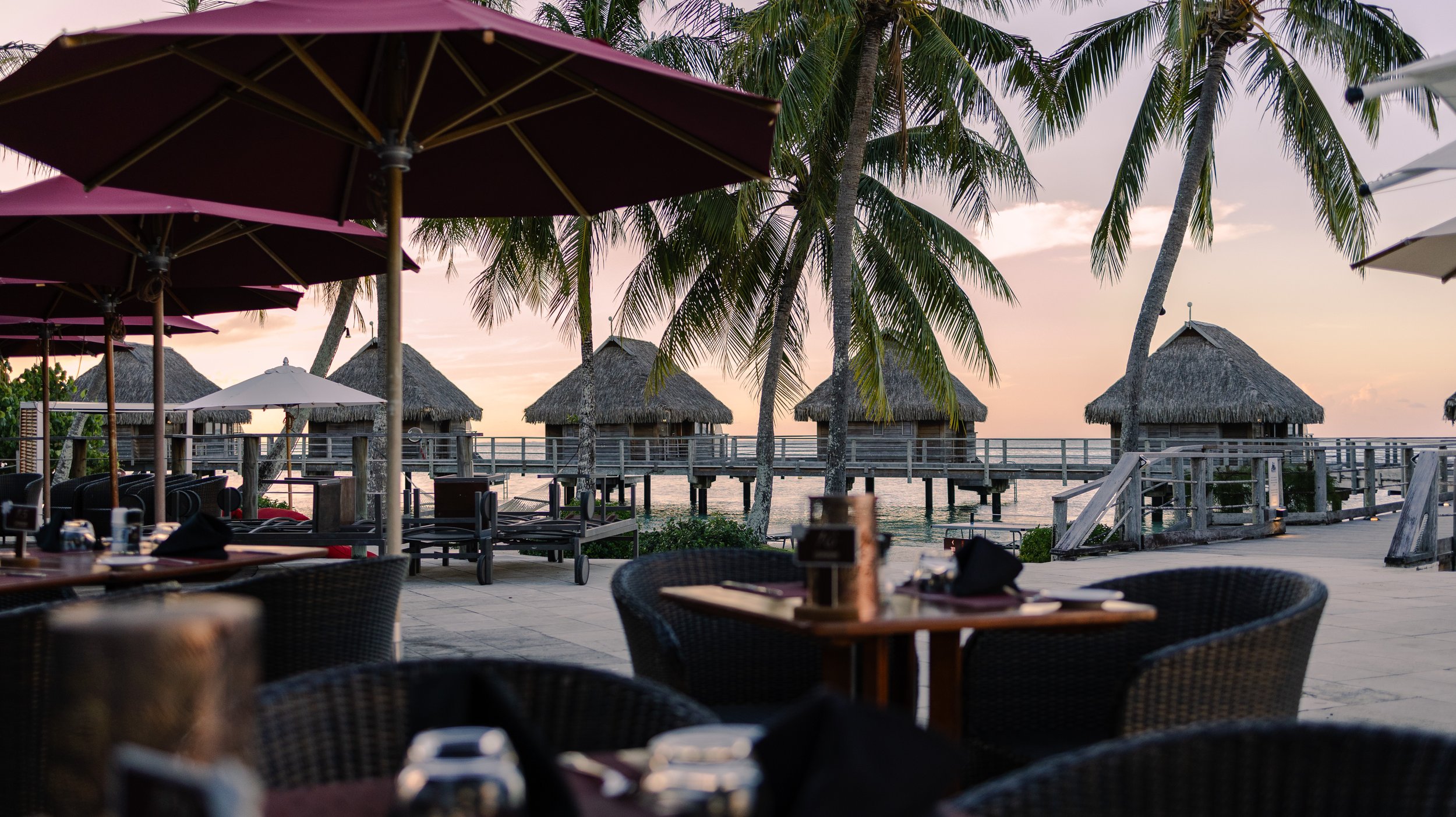 Coucher de soleil sur une terrasse de restaurant en bord de plage avec des parasols roses et un océan en arrière-plan.