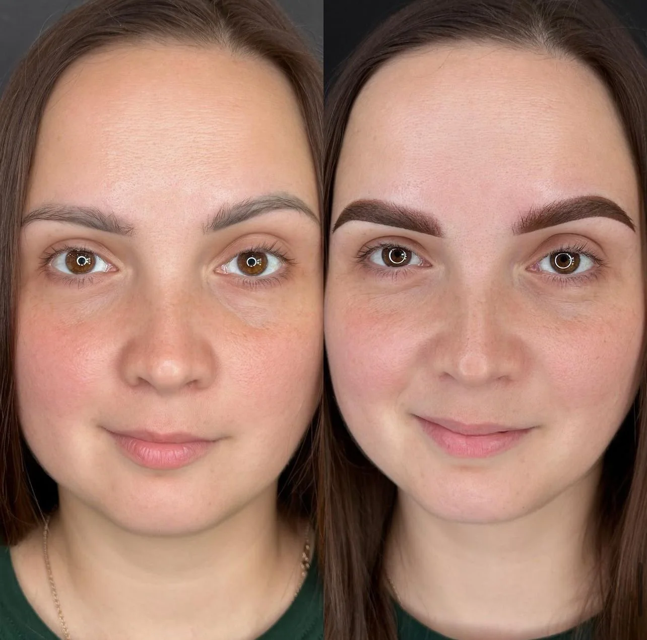Comparison of a woman's face before and after eyebrow makeup, showing fuller, darker eyebrows on the right.