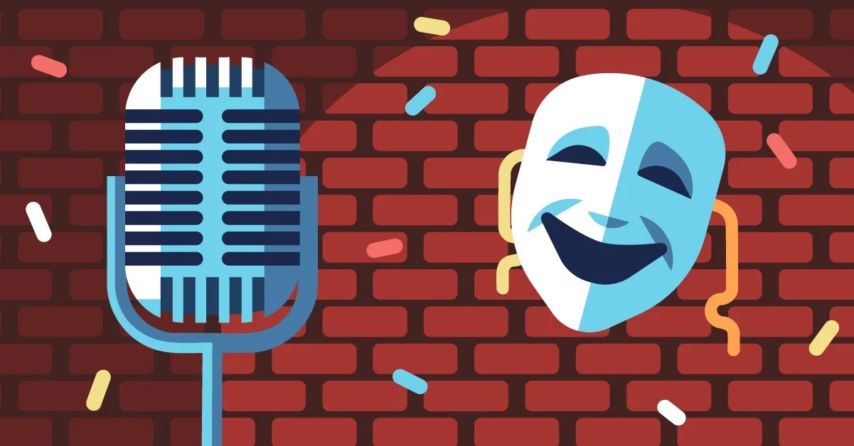 An illustration of a vintage microphone and a comedy mask on a brick wall background with colorful confetti.