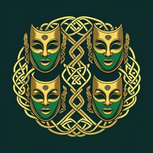 Four gold and green comedy masks surrounded by intricate gold Celtic knotwork on a dark green background.