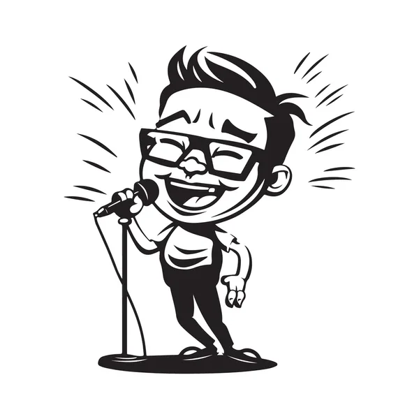 Cartoon illustration of a man singing into a microphone with a big smile, glasses, and spiky hair, standing on a stage.