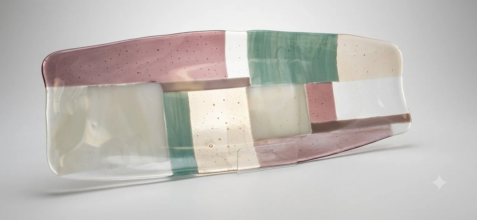 Handmade Fused Glass Platter: Oregon Coast Art Glass, Mauve Pink Teal