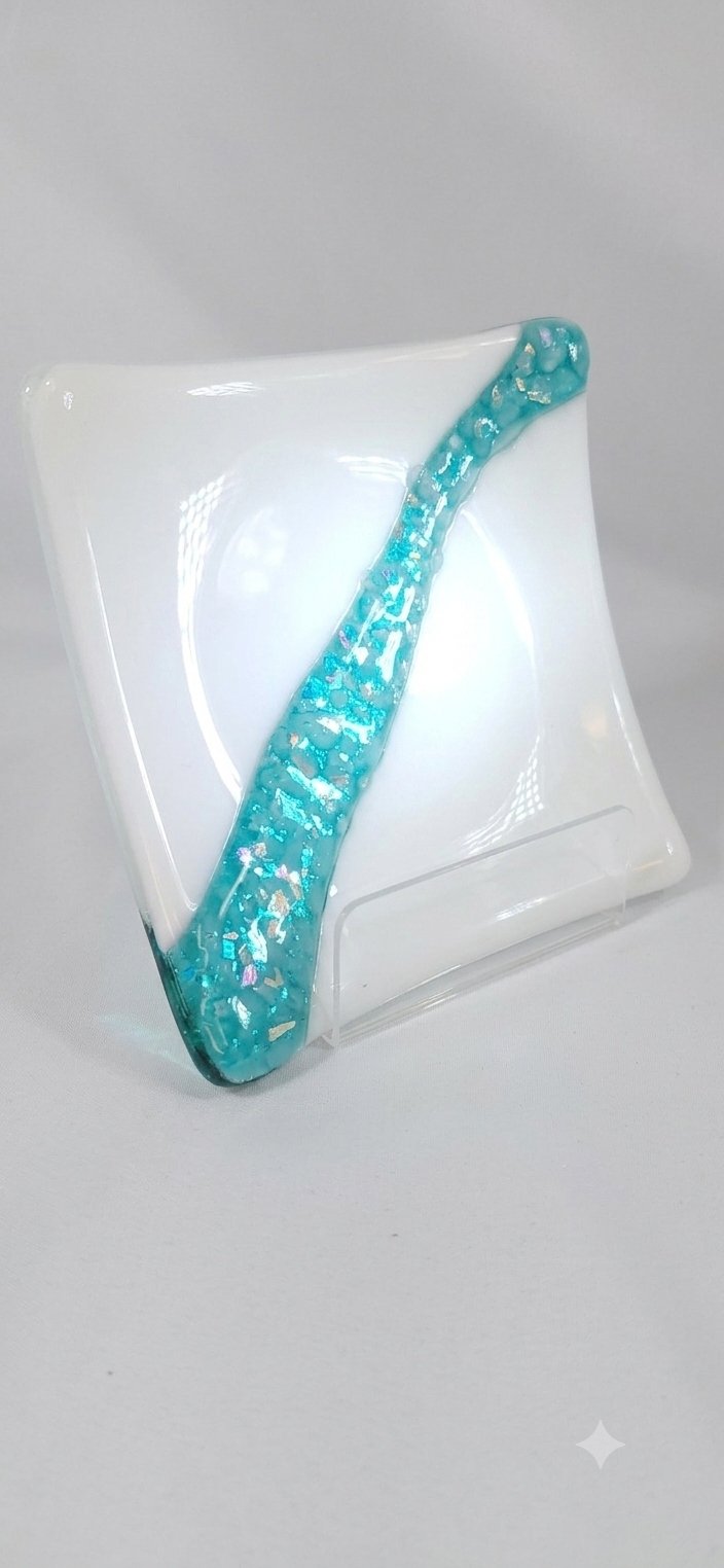 Handmade Fused Glass Plate: White & Turquoise Dichroic Art Glass