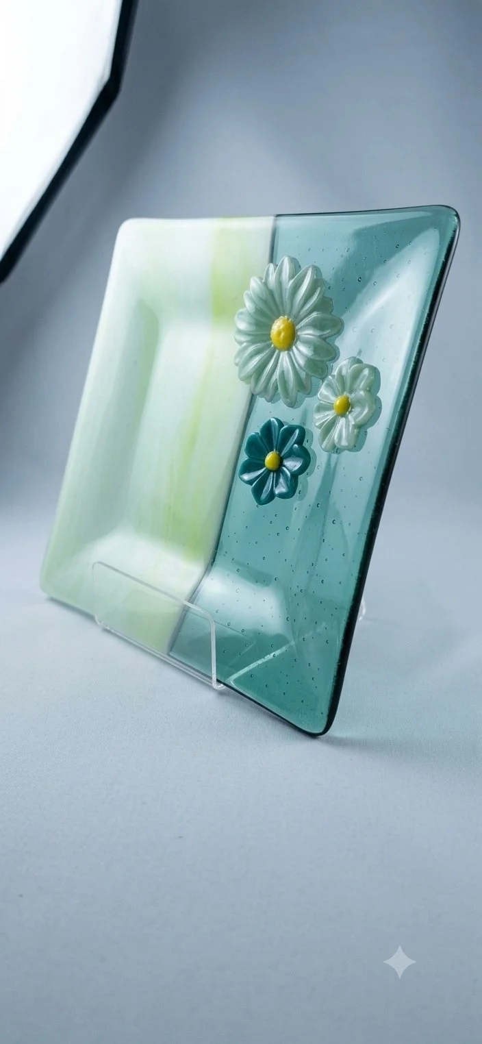 Handcrafted Fused Glass Plate: Green Flowers, Turquoise Accent